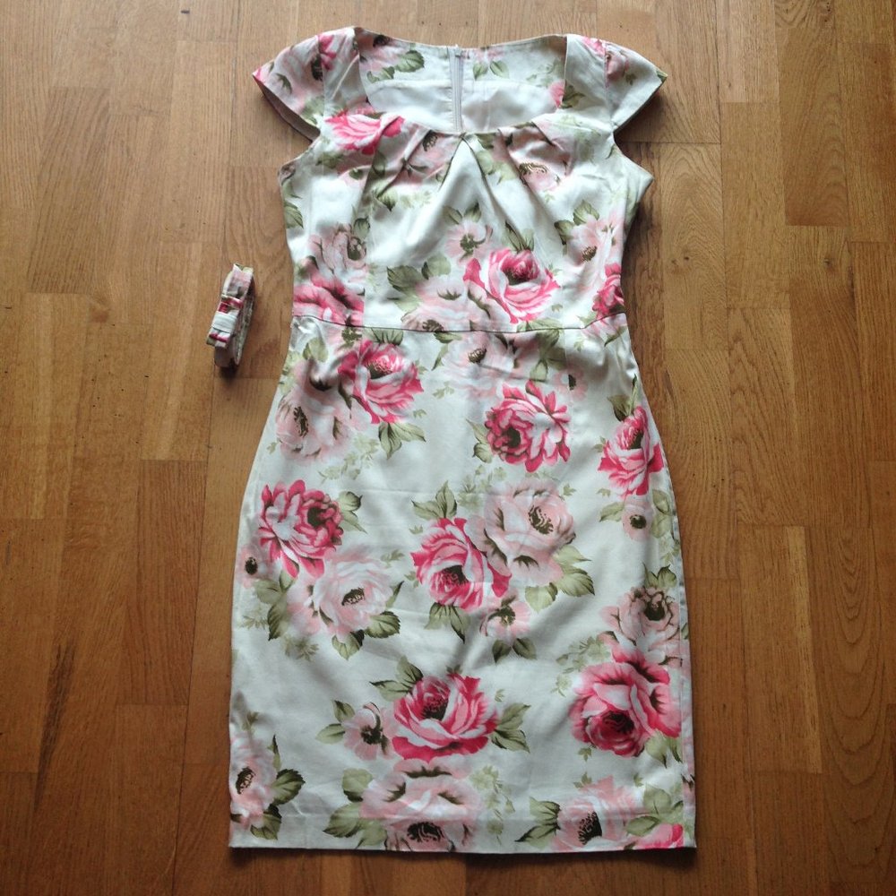 Floral Midi Cap-sleeve Belted Sheath Dress - Picture 2 of 12